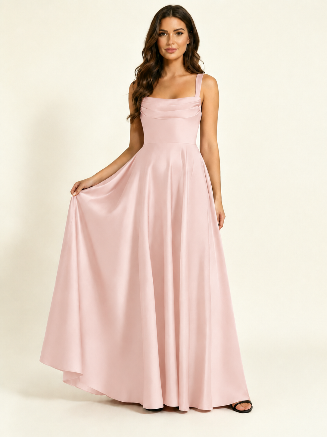 Satin Draped Cowl Square Neck A-Line Maxi Bridesmaid Dress