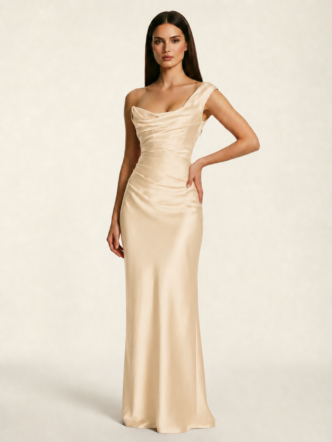 Single-shoulder satin back strap design formal dress