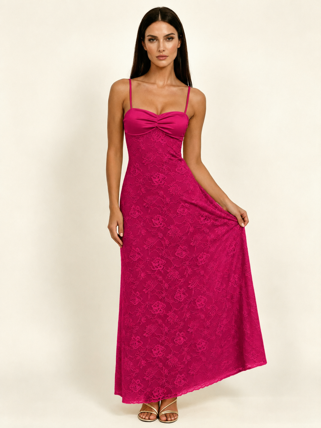 Satin Bust Lace Midi Maxi Dress, Spaghetti Strap Cross Lace Up Back Bridesmaid Dress