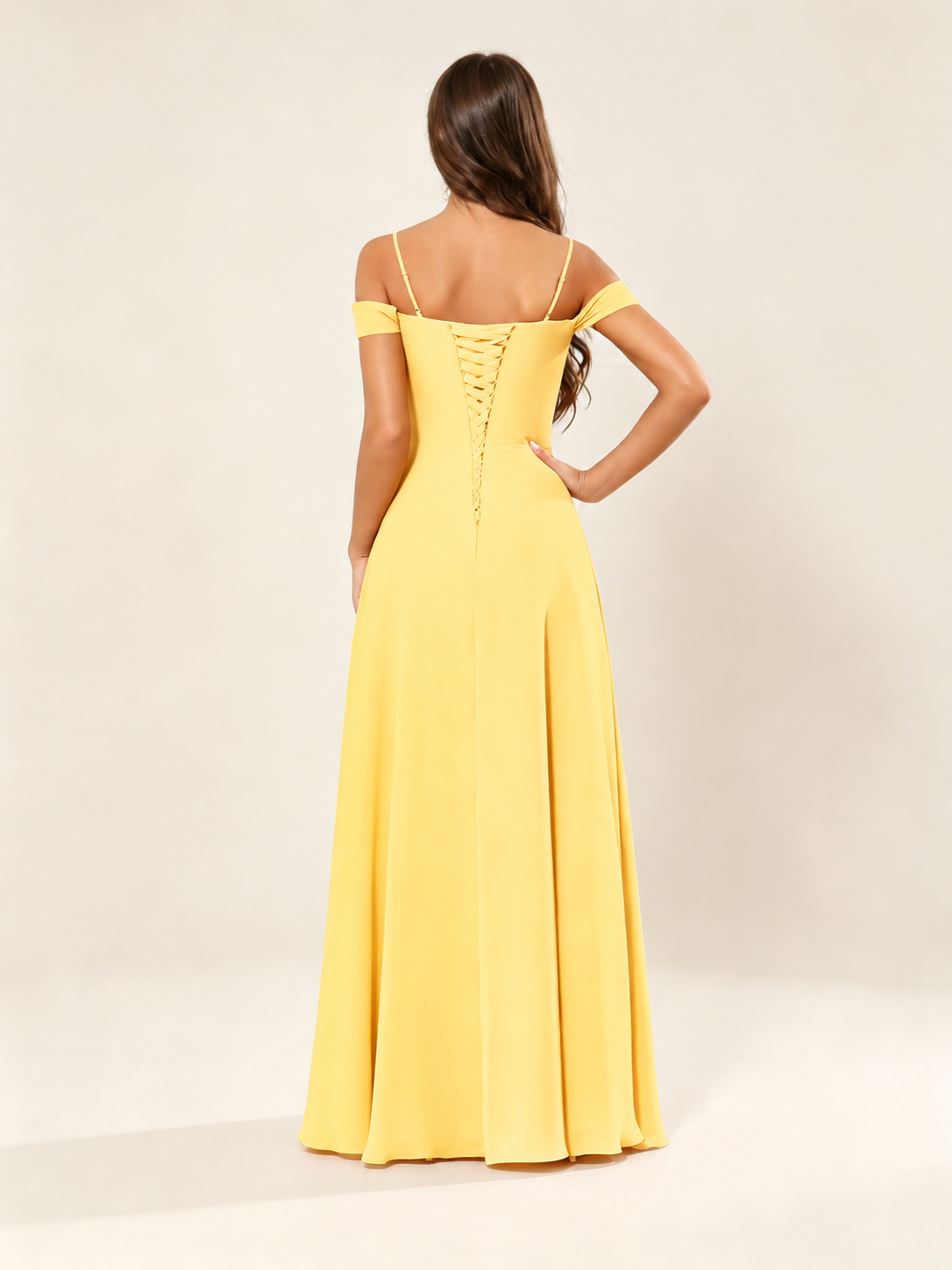 Off shoulder chiffon bridesmaid dress with high slit ruffle