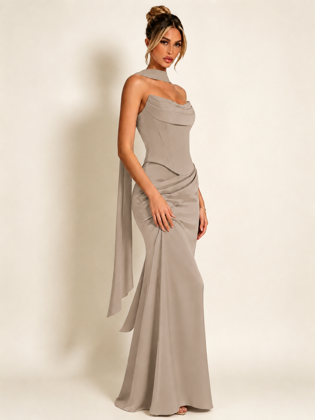 Satin Cowl Neck Mermaid Evening Dress with Corset Bodice and Draped Straps