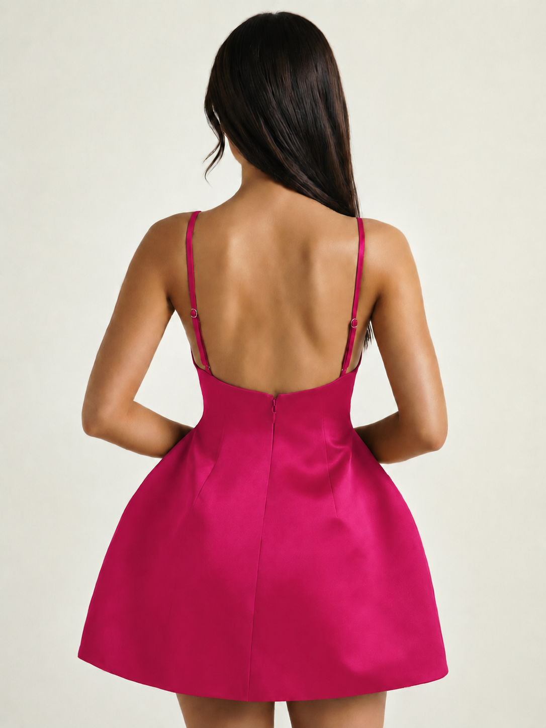 Satin Boat Neck Open Back Fit & Flare Mini Dress