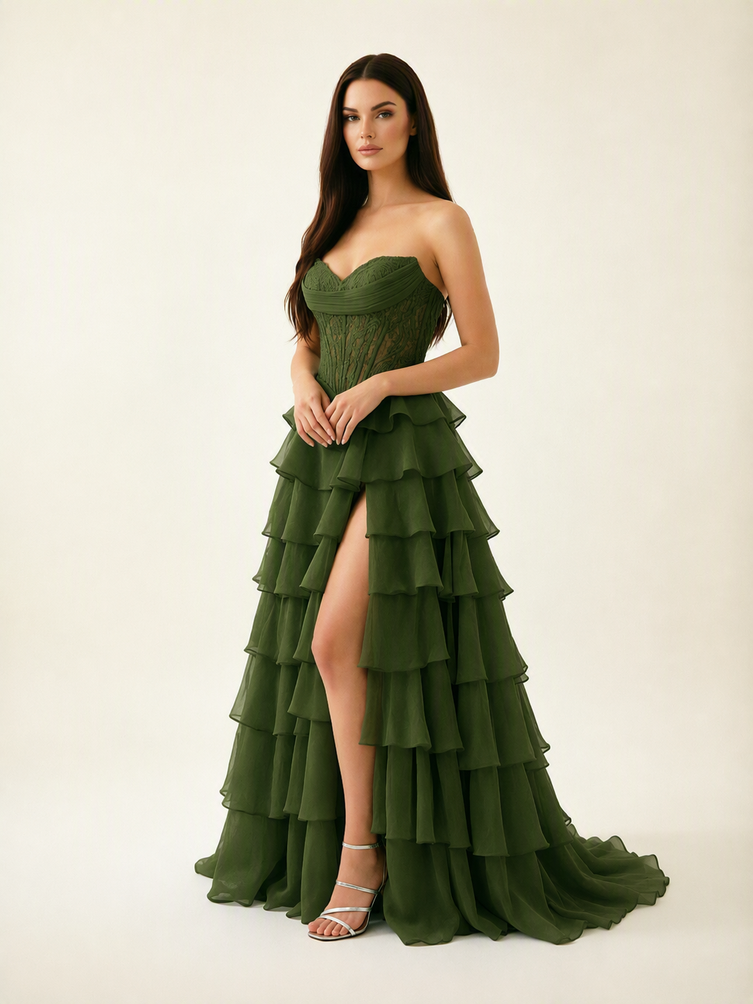 Strapless Lace Corset Tiered High Slit Prom Dress