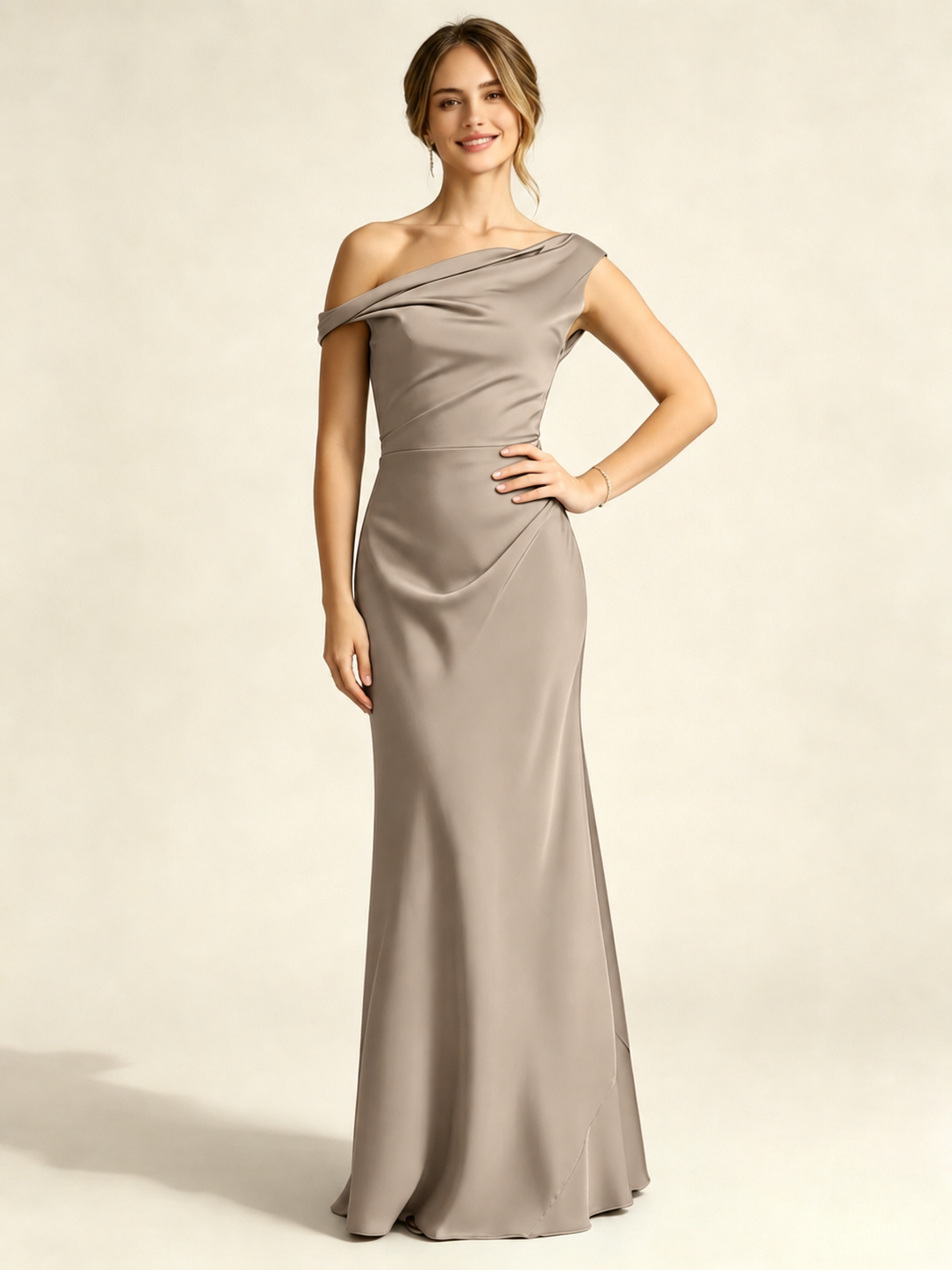 Satin Mermaid Bridesmaid Maxi Dress, Asymmetrical Off Shoulder Ruched Waist Open Back
