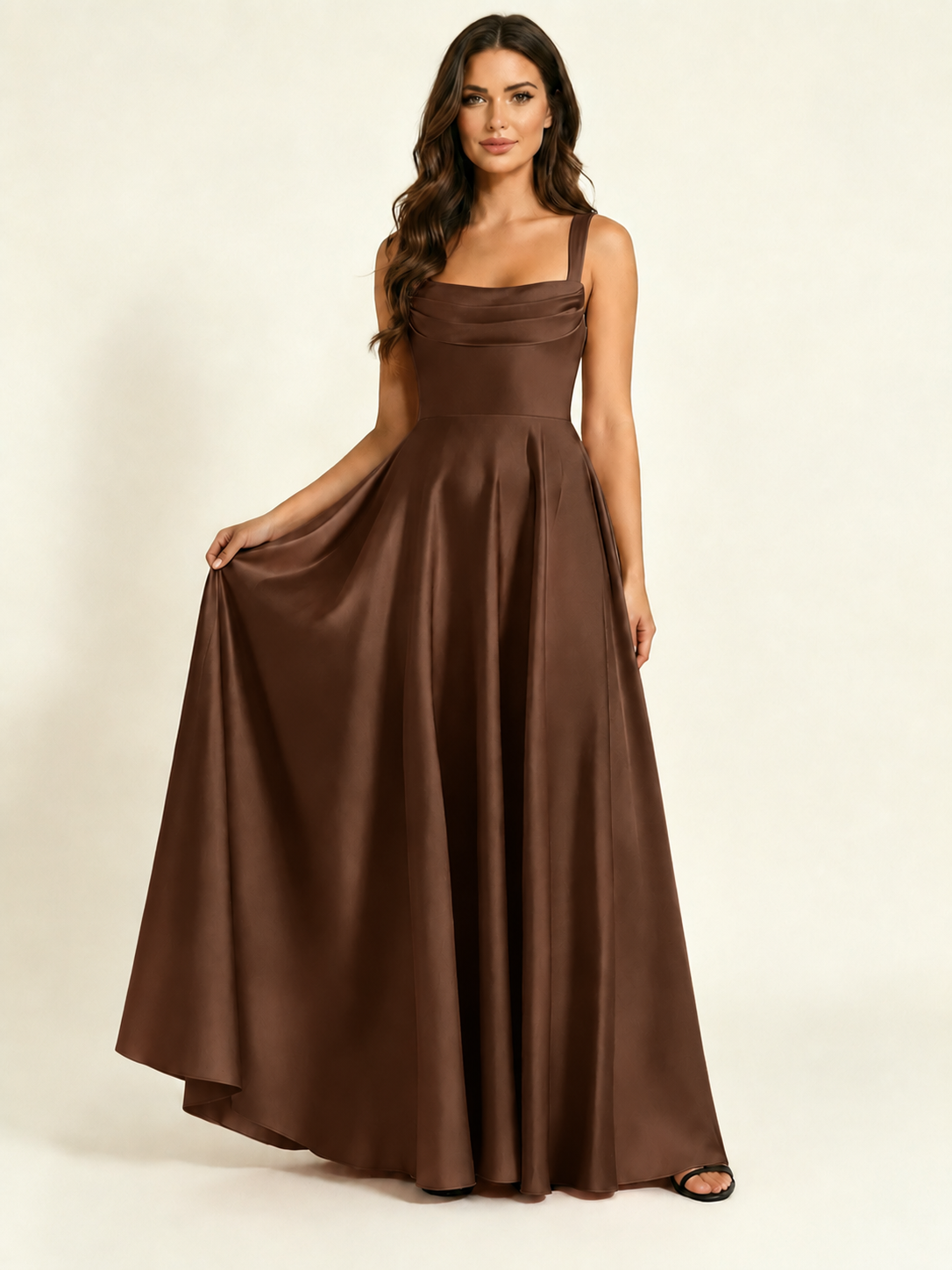 Satin Draped Cowl Square Neck A-Line Maxi Bridesmaid Dress