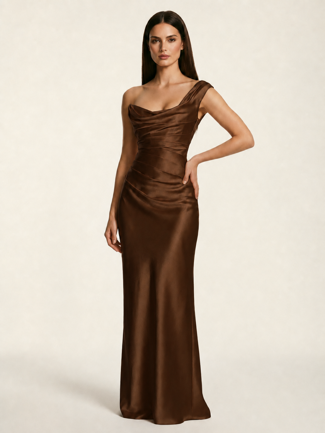 Single-shoulder satin back strap design formal dress
