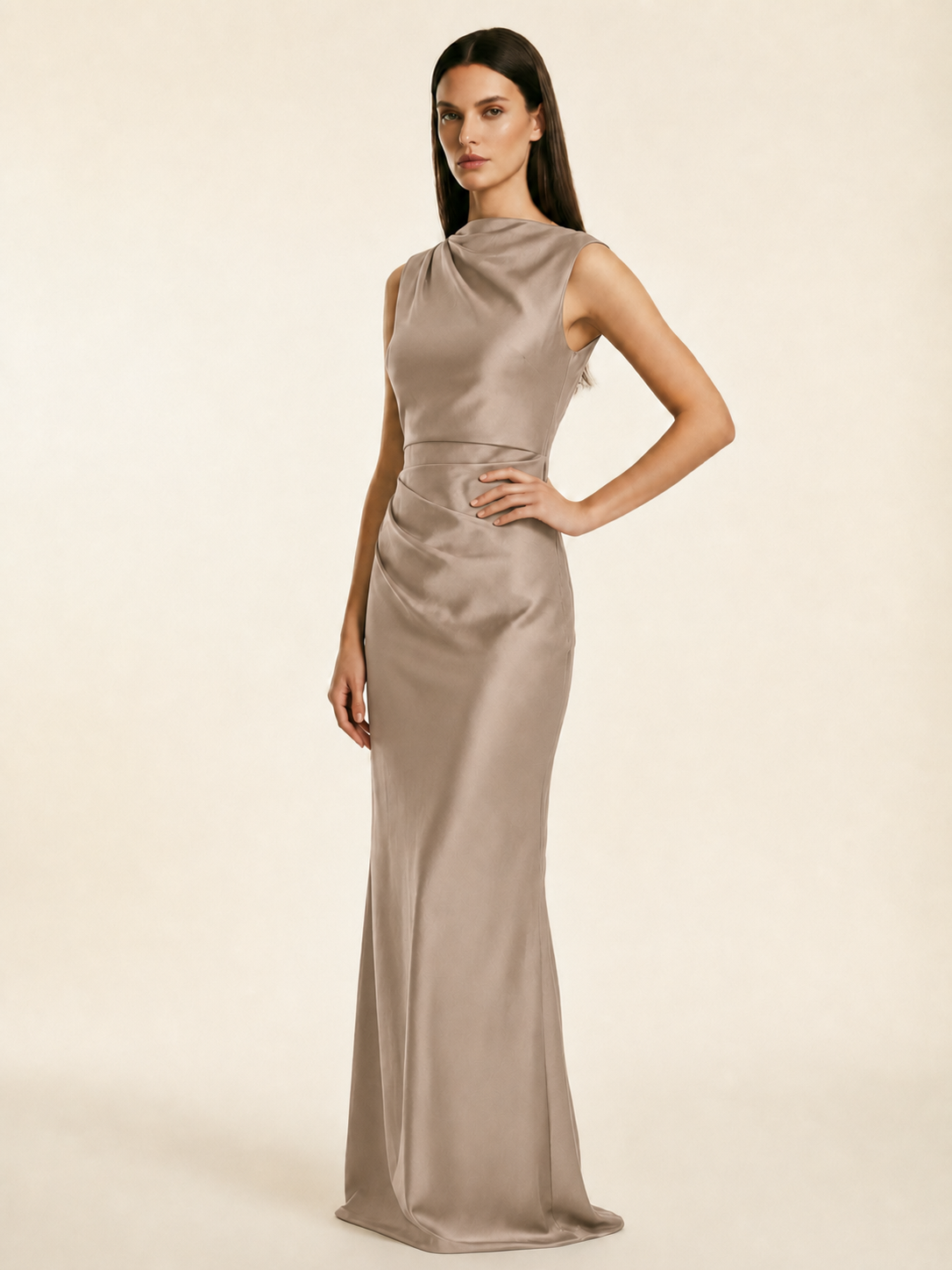 Sleeveless Draped Satin Mermaid Cutout Back Formal Dress