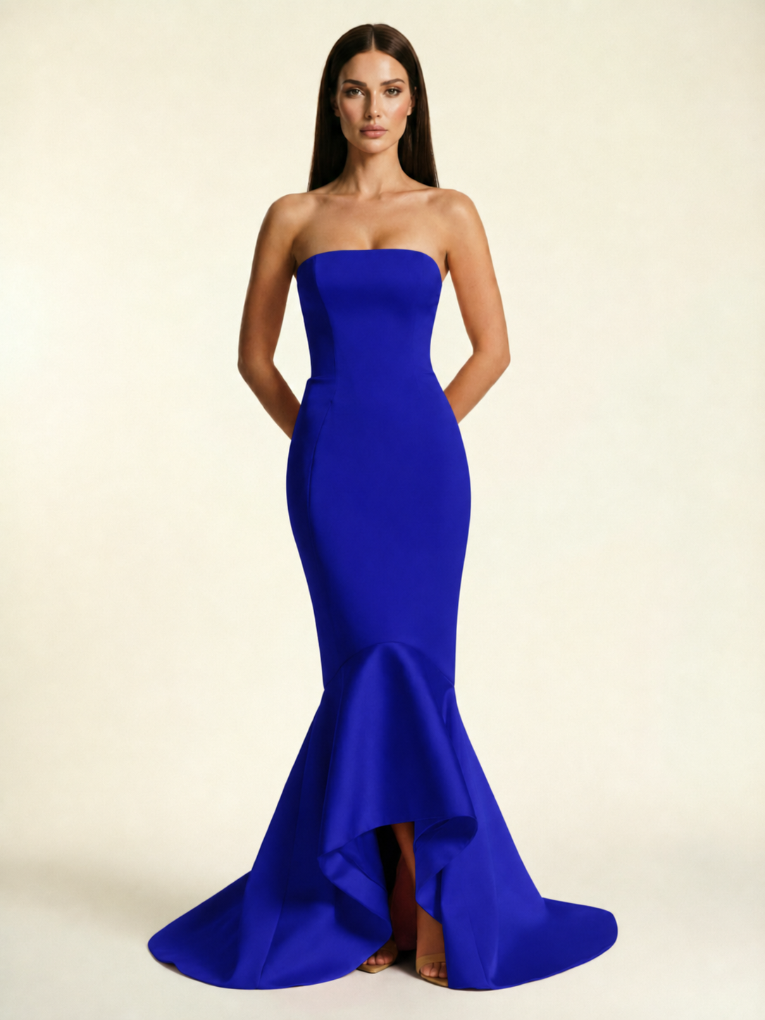 Strapless Satin Mermaid Dress With Ruffled Train & Lace-Up Back