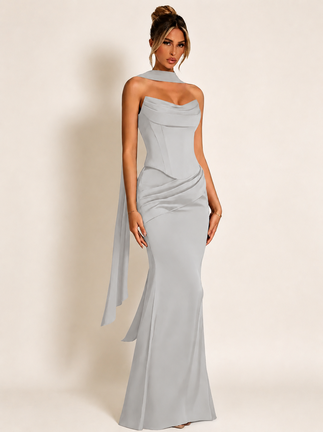 Satin Cowl Neck Mermaid Evening Dress with Corset Bodice and Draped Straps