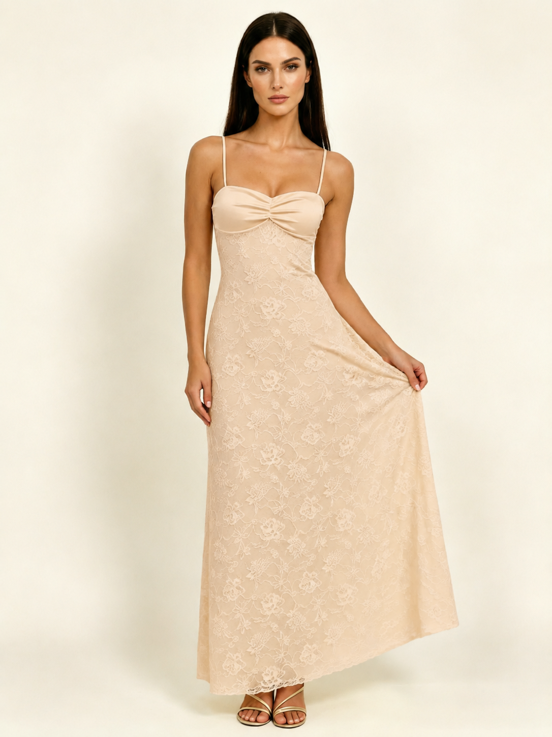 Satin Bust Lace Midi Maxi Dress, Spaghetti Strap Cross Lace Up Back Bridesmaid Dress
