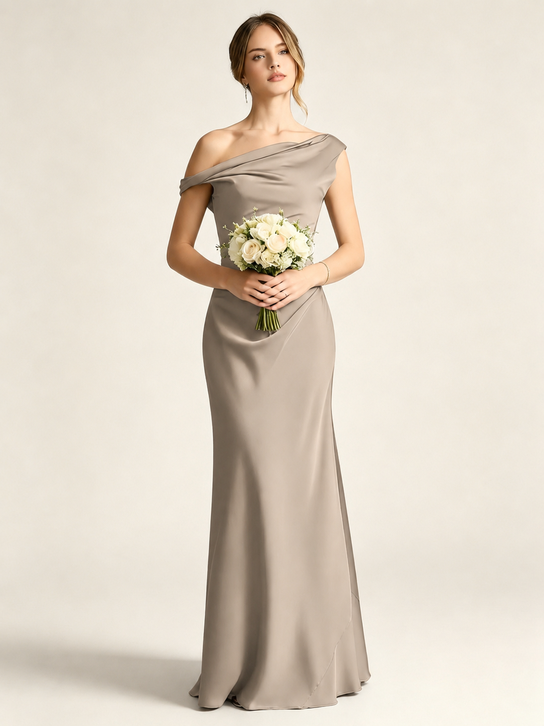 Satin Mermaid Bridesmaid Maxi Dress, Asymmetrical Off Shoulder Ruched Waist Open Back