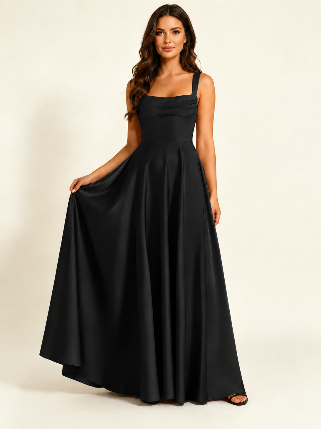 Satin Draped Cowl Square Neck A-Line Maxi Bridesmaid Dress