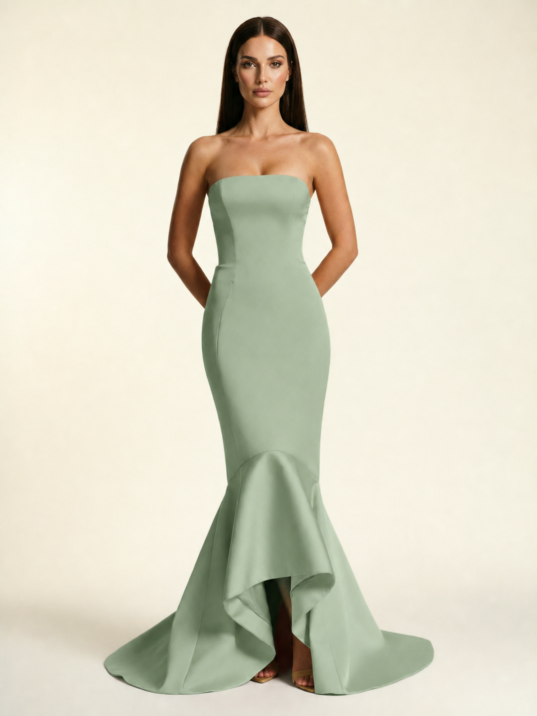 Strapless Satin Mermaid Dress With Ruffled Train & Lace-Up Back