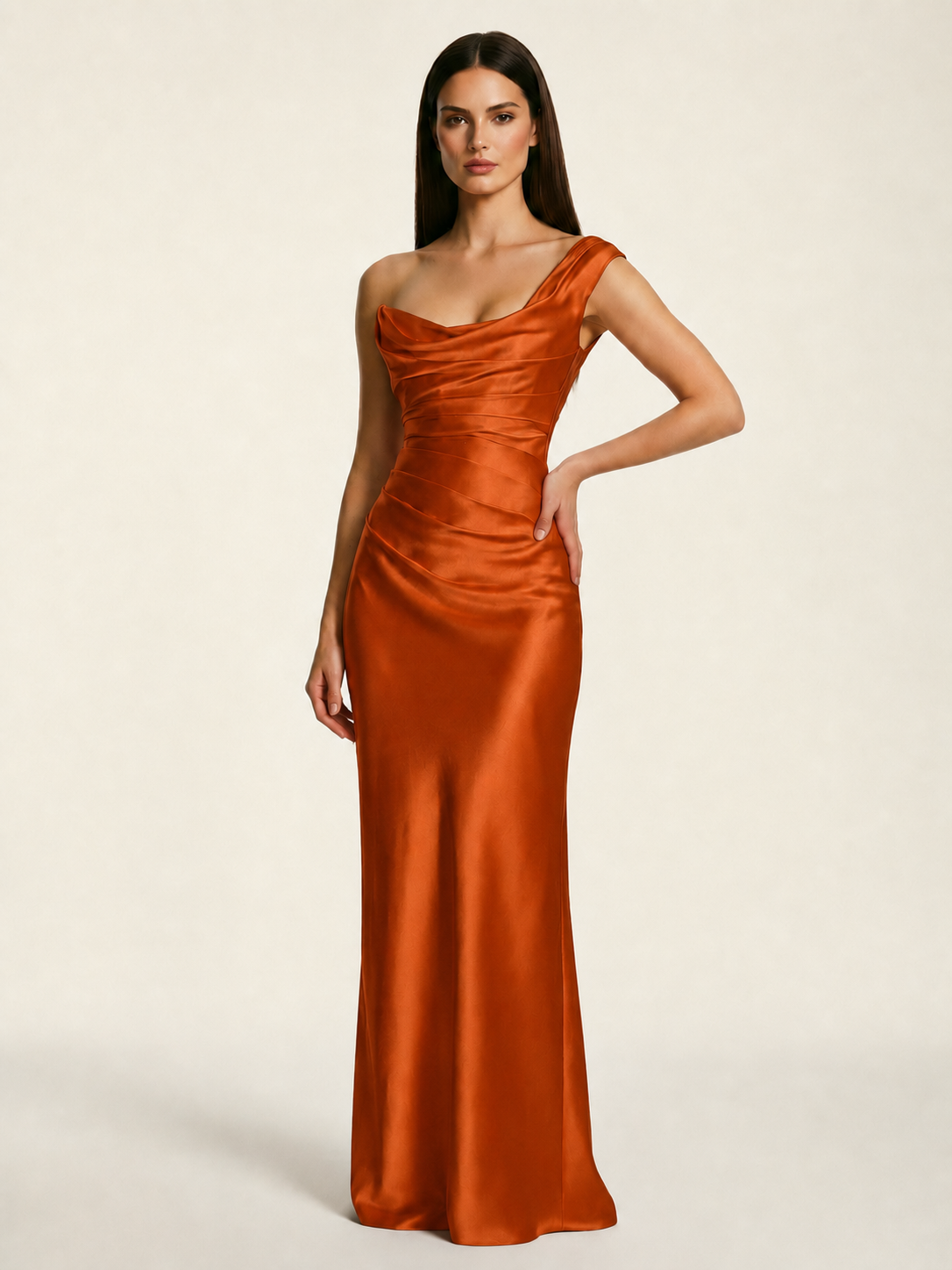 Single-shoulder satin back strap design formal dress