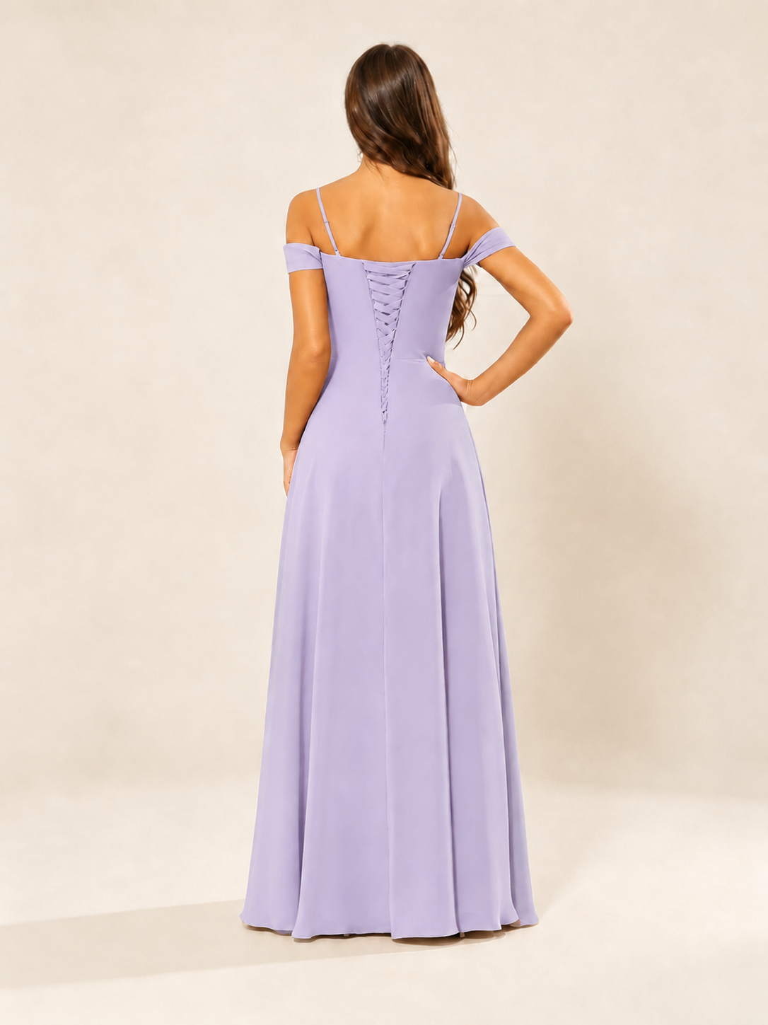 Off shoulder chiffon bridesmaid dress with high slit ruffle