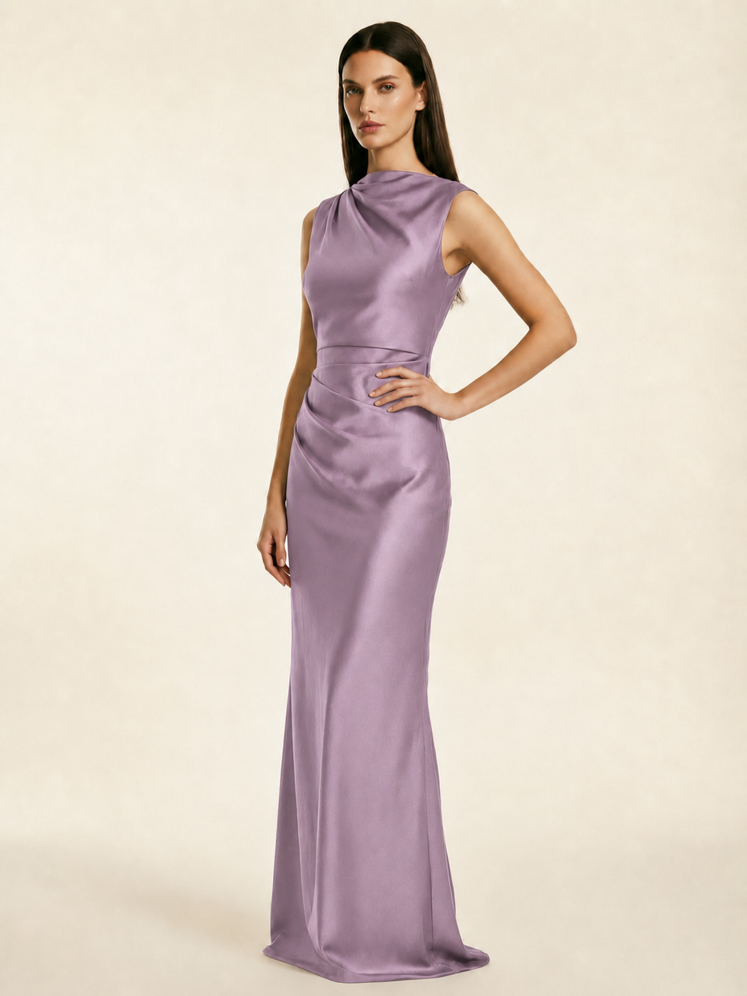 Sleeveless Draped Satin Mermaid Cutout Back Formal Dress