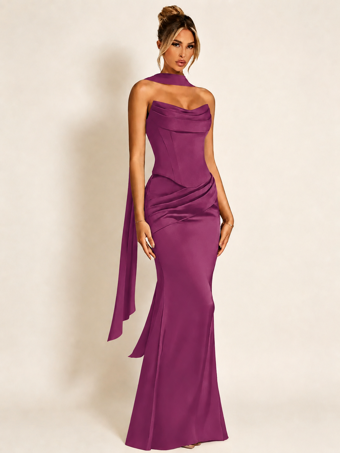 Satin Cowl Neck Mermaid Evening Dress with Corset Bodice and Draped Straps