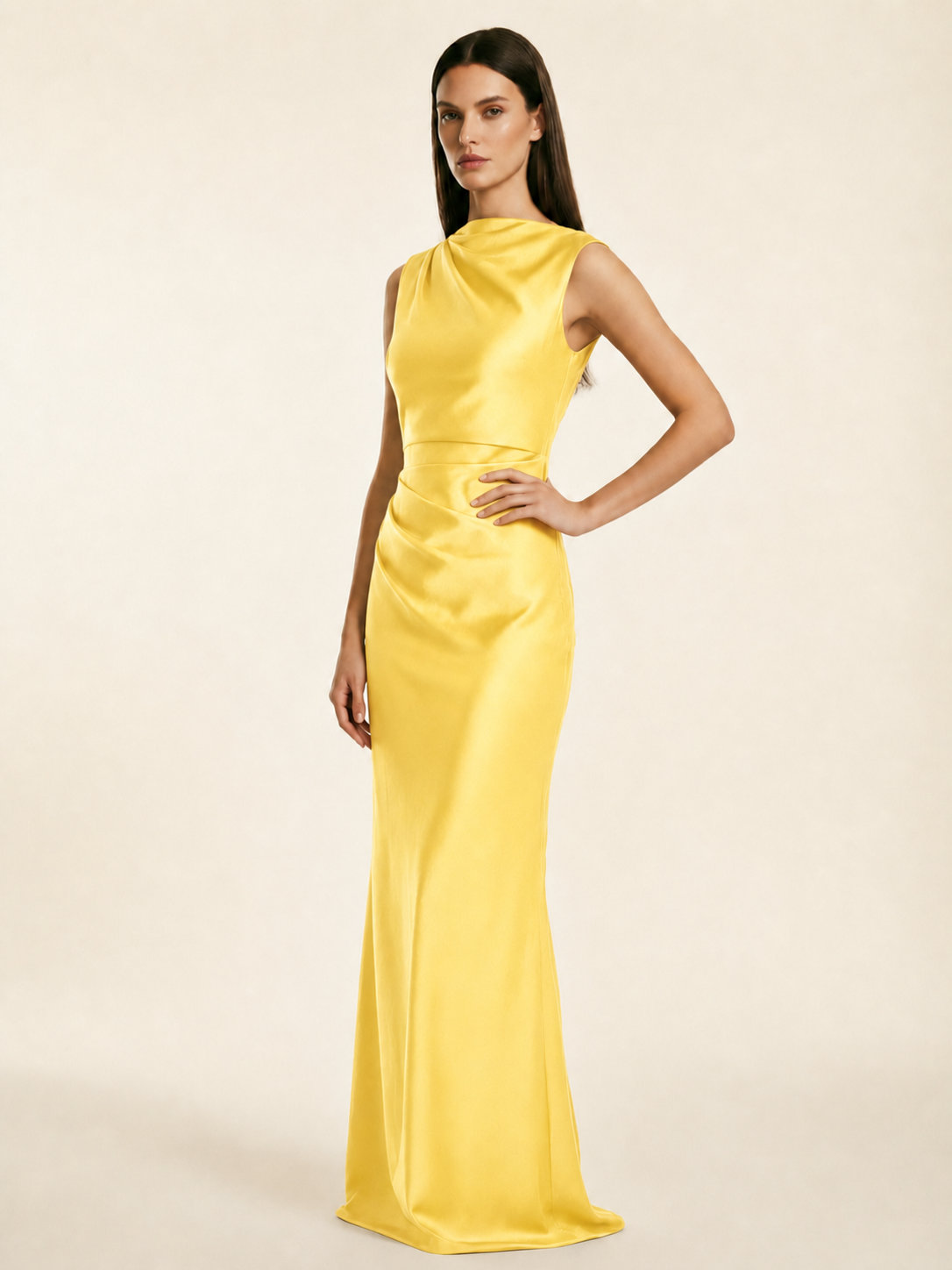 Sleeveless Draped Satin Mermaid Cutout Back Formal Dress