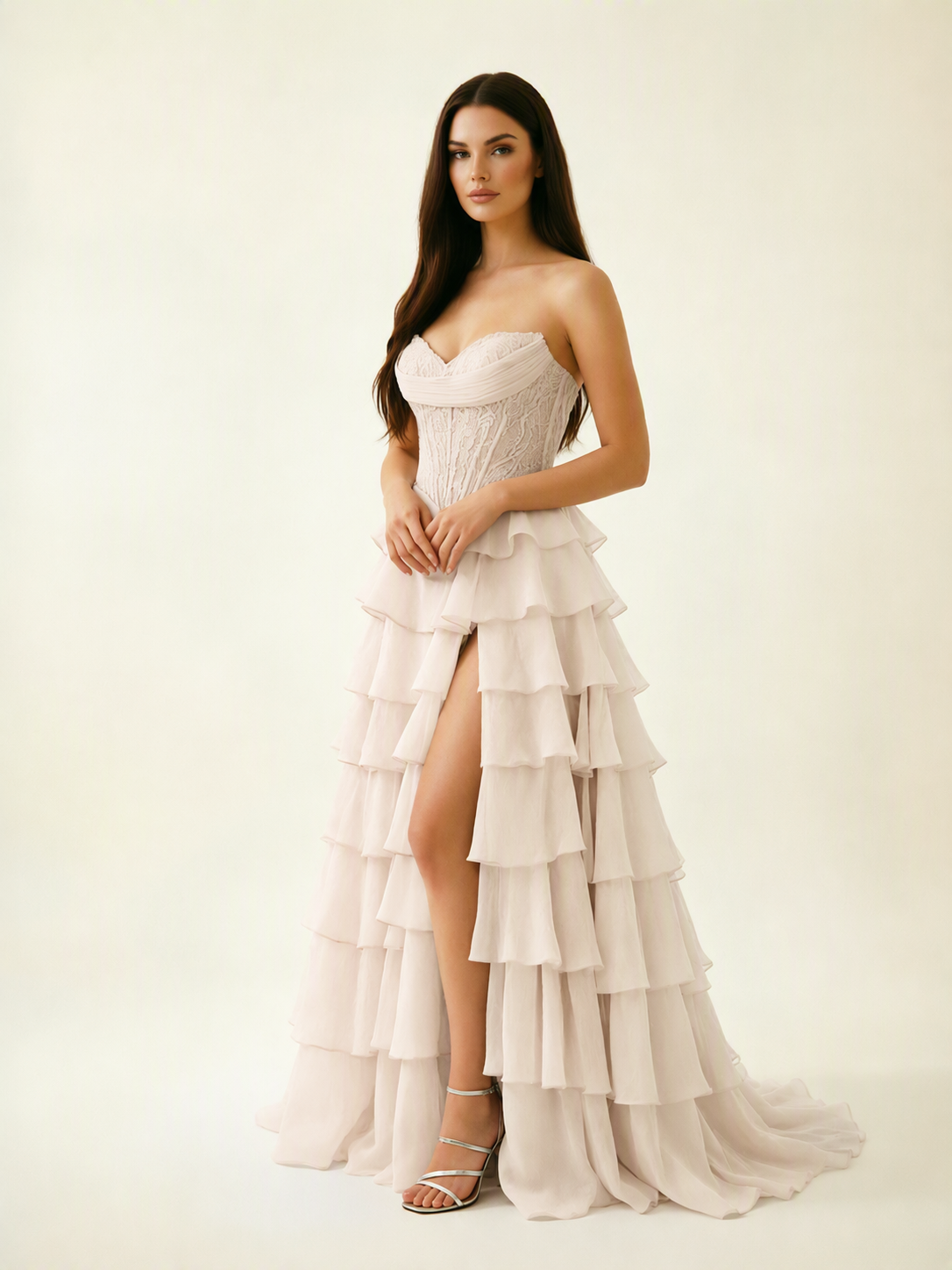 Strapless Lace Corset Tiered High Slit Prom Dress