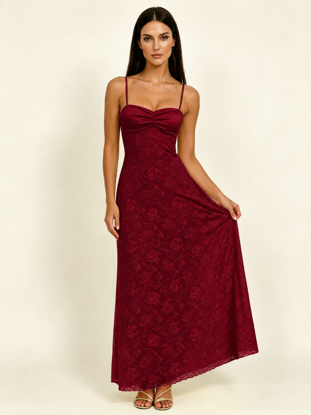 Satin Bust Lace Midi Maxi Dress, Spaghetti Strap Cross Lace Up Back Bridesmaid Dress