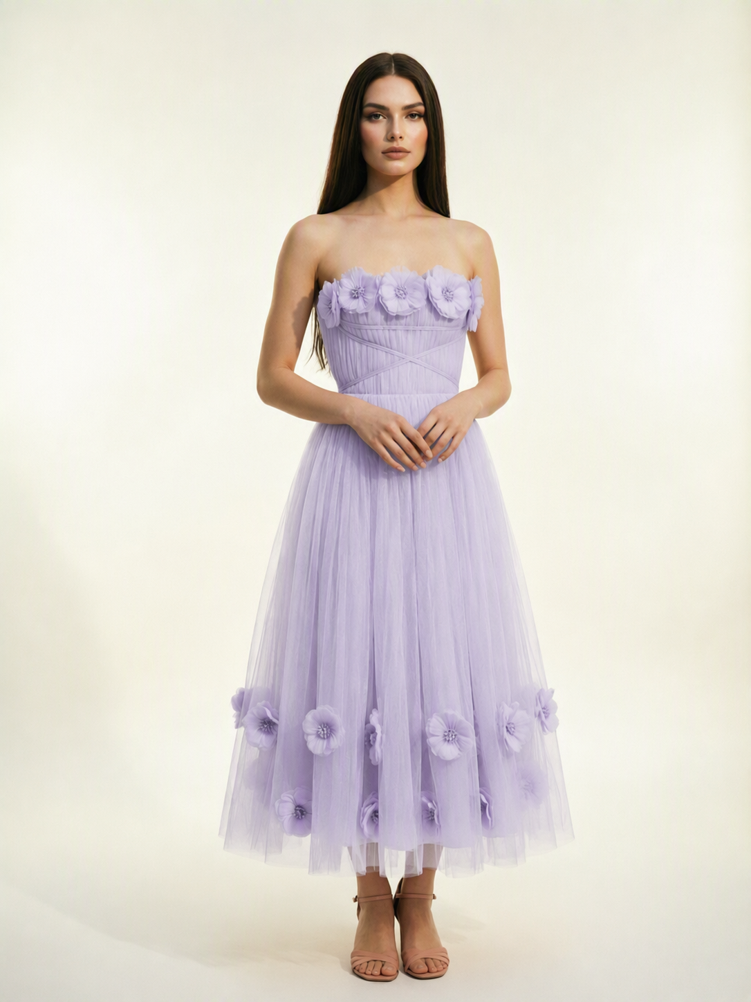 Strapless Tulle Midi Dress with 3D Floral Appliqués, Lace-Up Corset Back