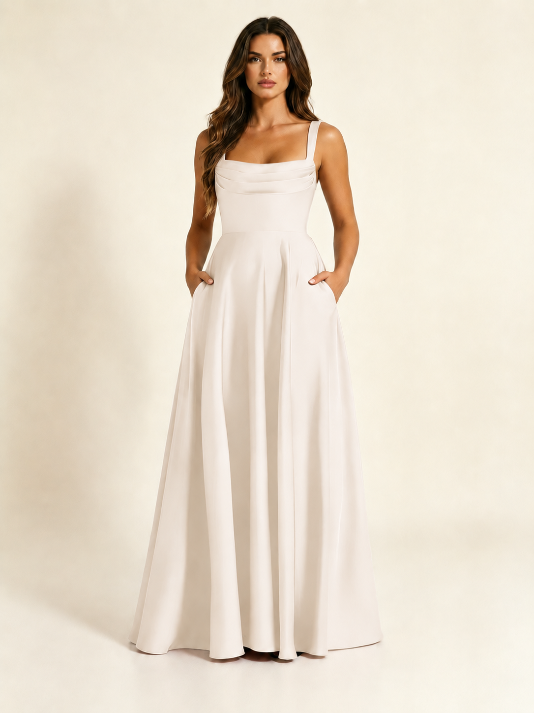 Satin Draped Cowl Square Neck A-Line Maxi Bridesmaid Dress