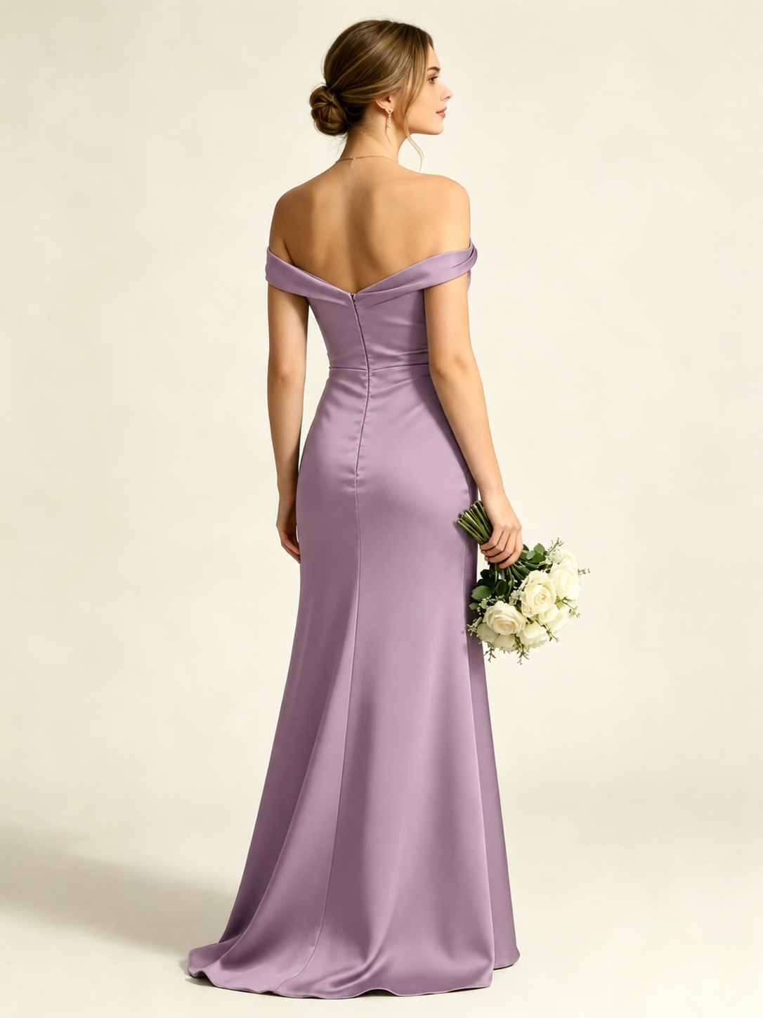 Satin Mermaid Bridesmaid Maxi Dress, Asymmetrical Off Shoulder Ruched Waist Open Back