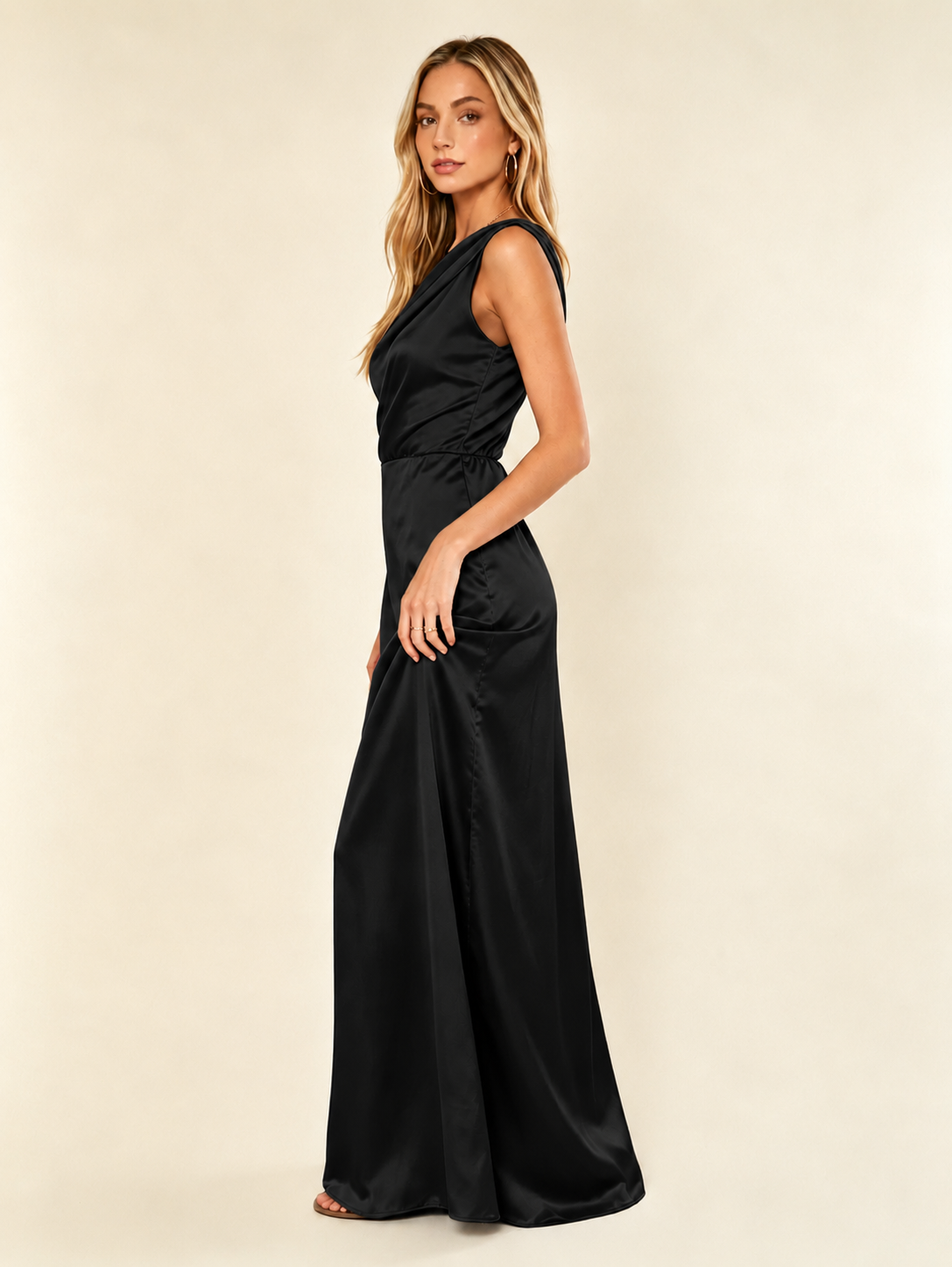 Satin One Shoulder Maxi Dress Asymmetric Draped High Slit Bridesmaid Dress