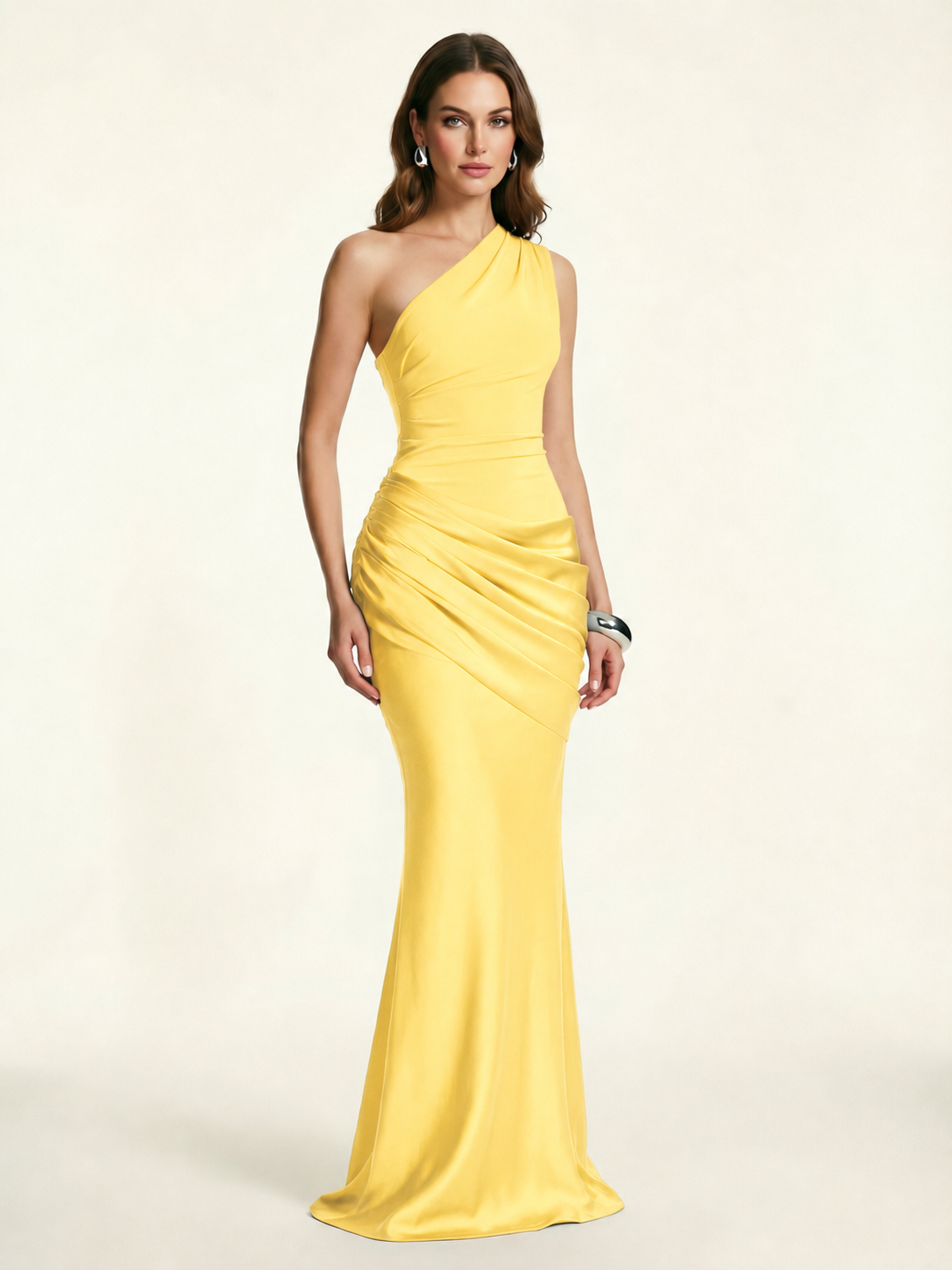Single-shoulder satin floor-length evening dress