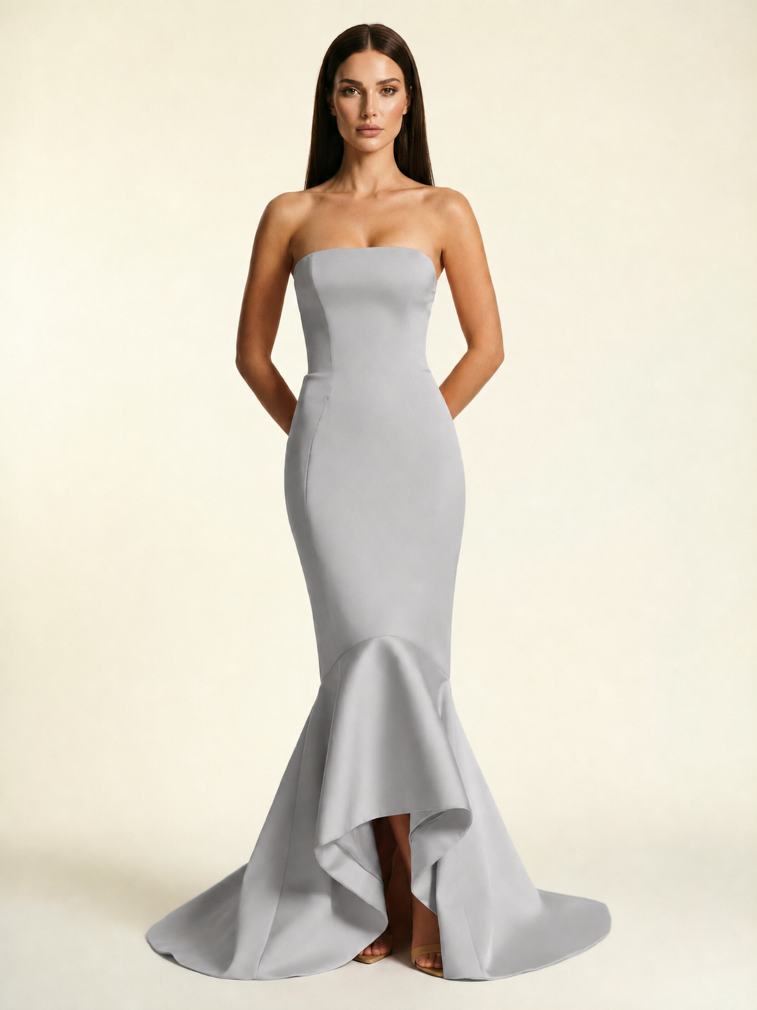 Strapless Satin Mermaid Dress With Ruffled Train & Lace-Up Back