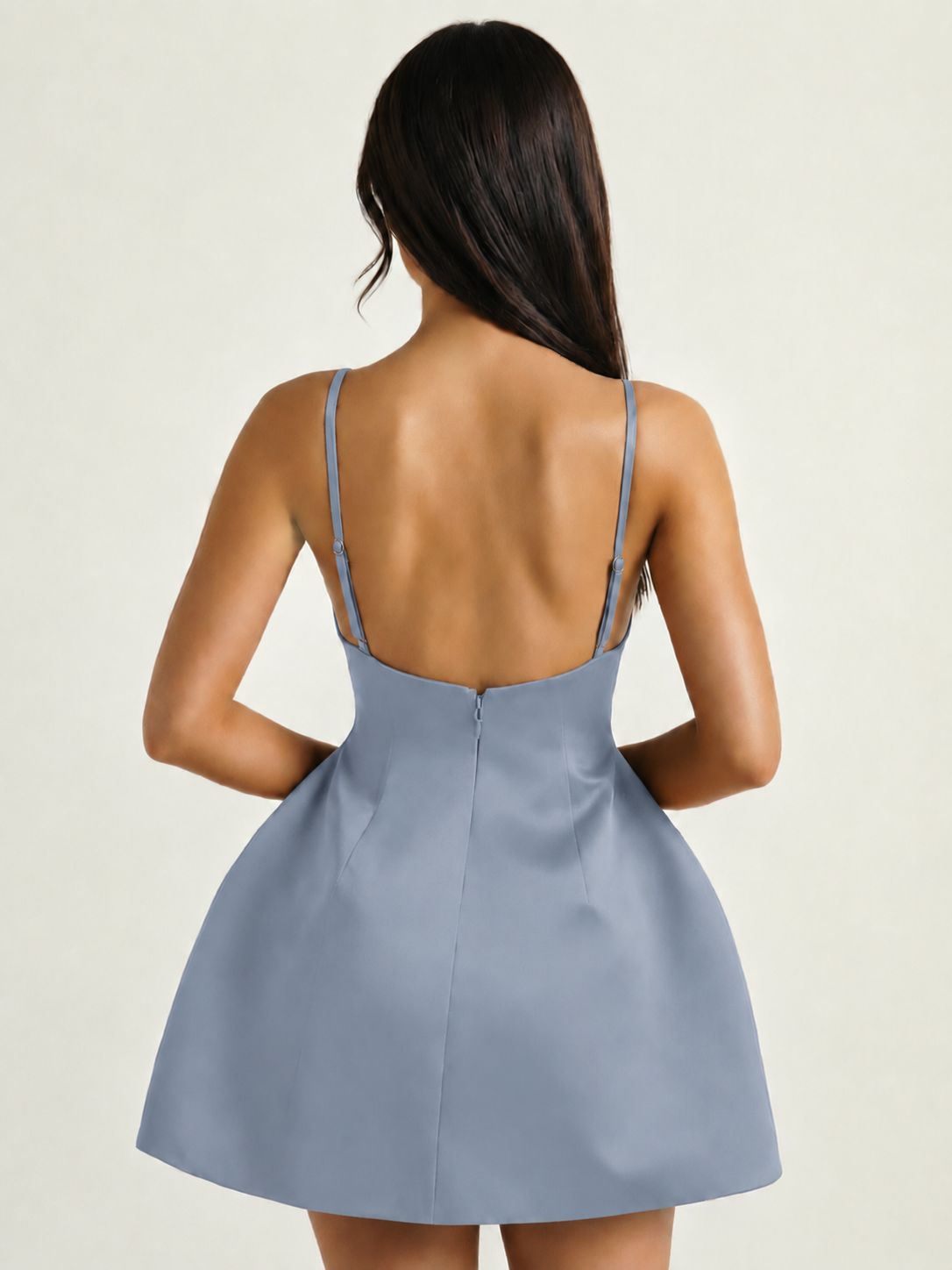 Satin Boat Neck Open Back Fit & Flare Mini Dress