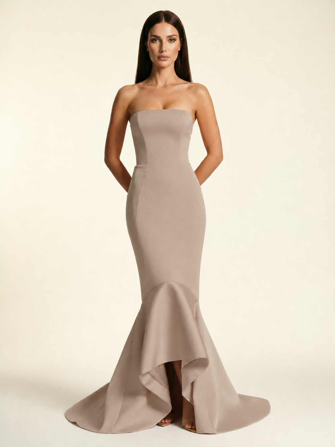 Strapless Satin Mermaid Dress With Ruffled Train & Lace-Up Back