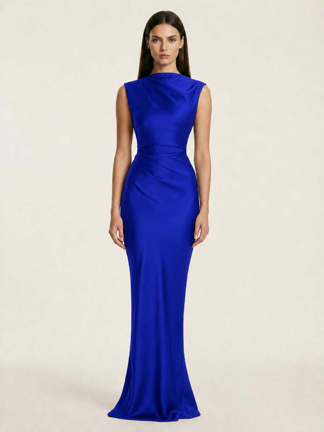 Sleeveless Draped Satin Mermaid Cutout Back Formal Dress
