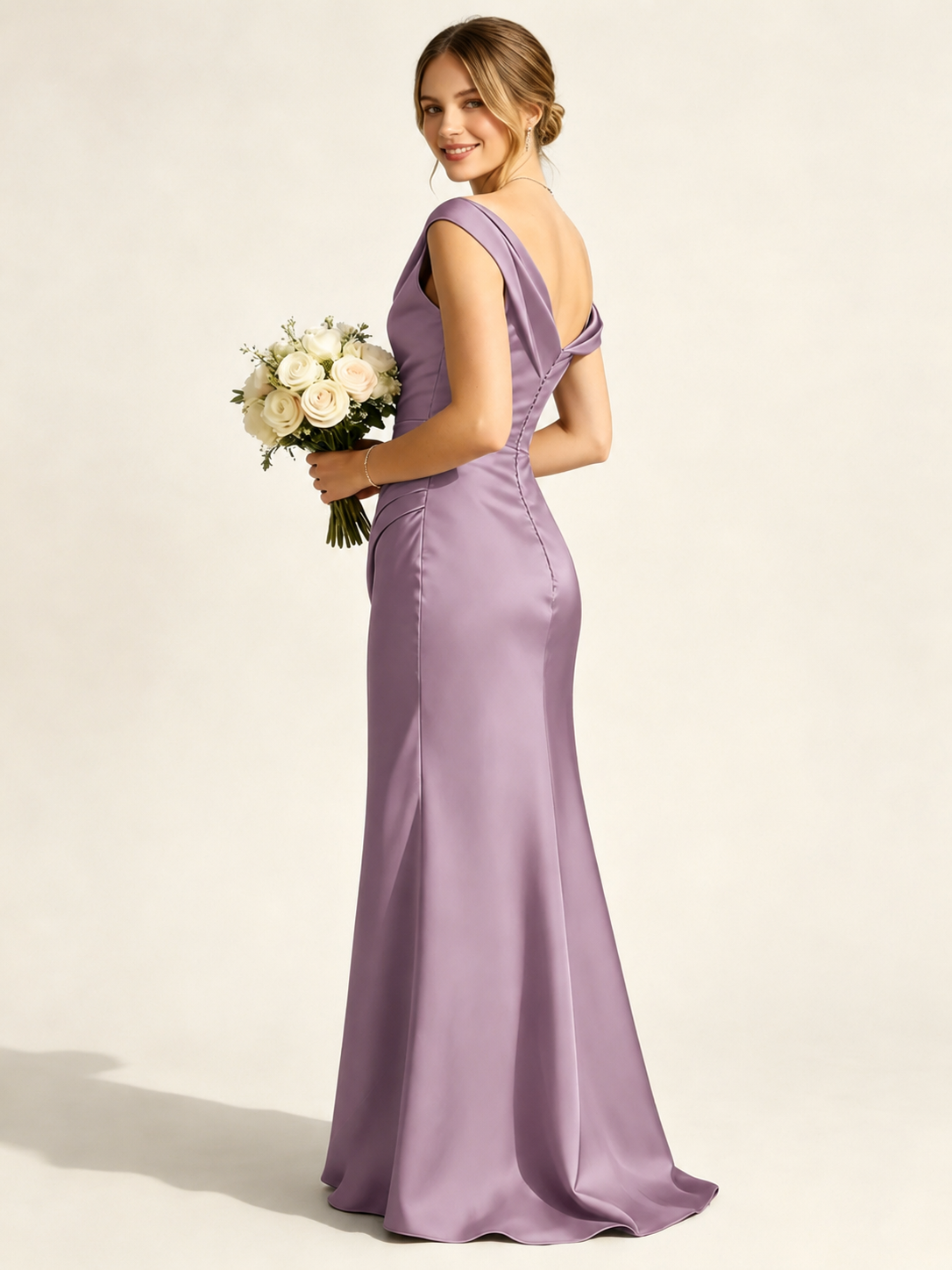 Satin Mermaid Bridesmaid Maxi Dress, Asymmetrical Off Shoulder Ruched Waist Open Back
