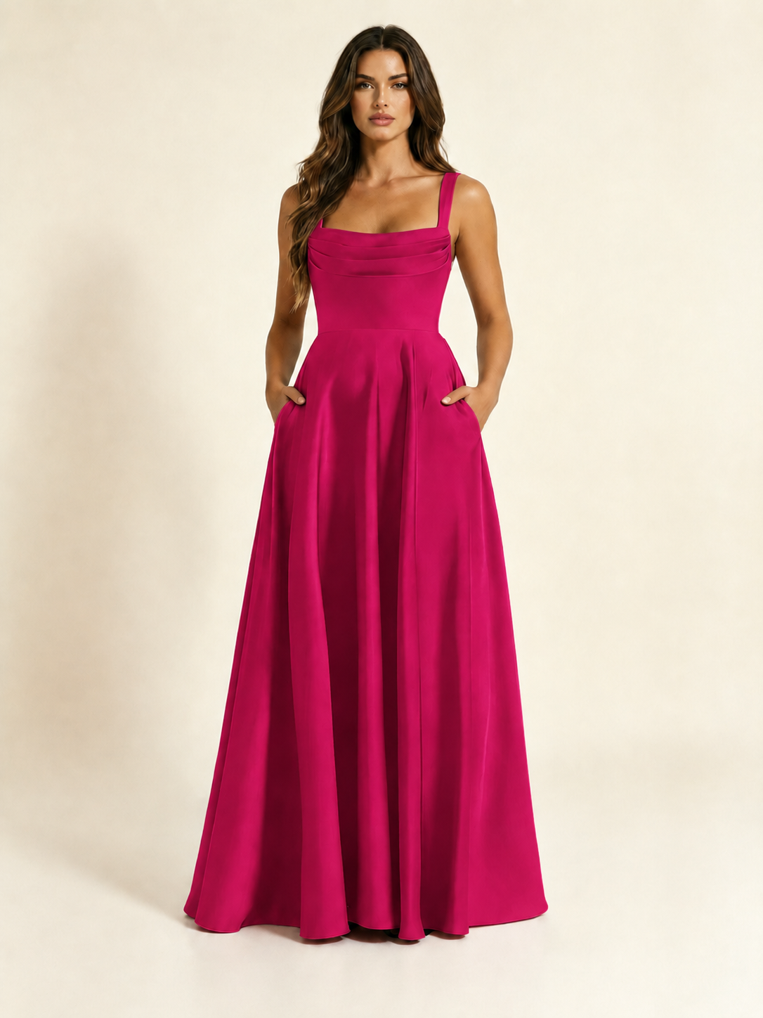 Satin Draped Cowl Square Neck A-Line Maxi Bridesmaid Dress