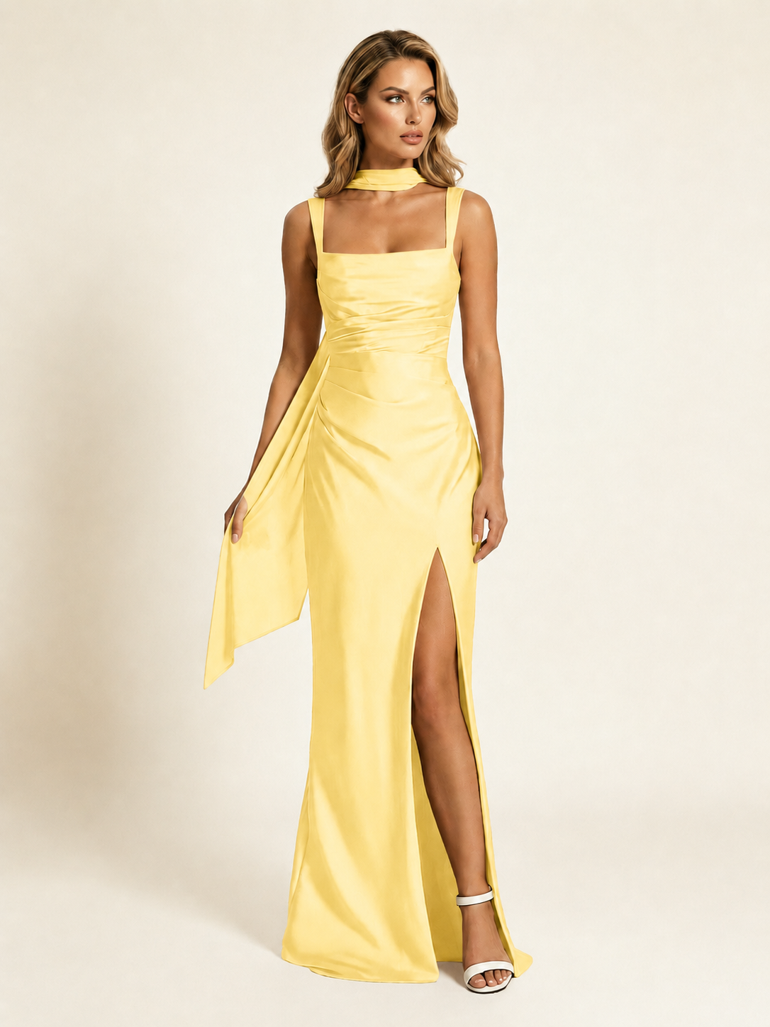 Satin Square Neck Mermaid Maxi Gown with Choker Strap