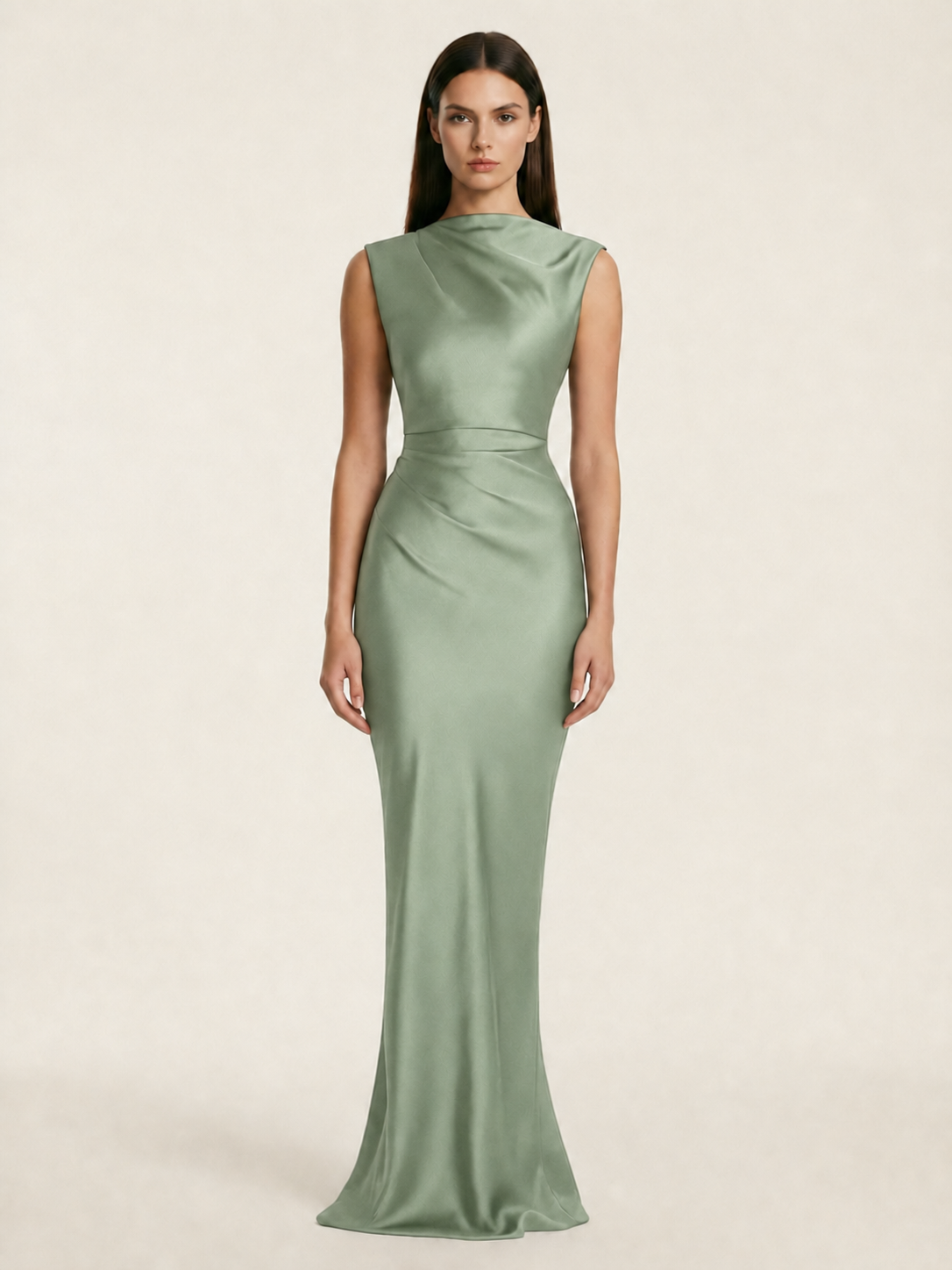 Sleeveless Draped Satin Mermaid Cutout Back Formal Dress