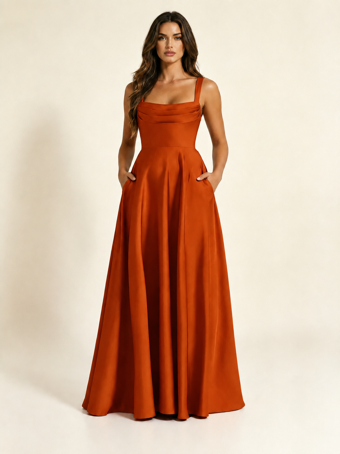 Satin Draped Cowl Square Neck A-Line Maxi Bridesmaid Dress