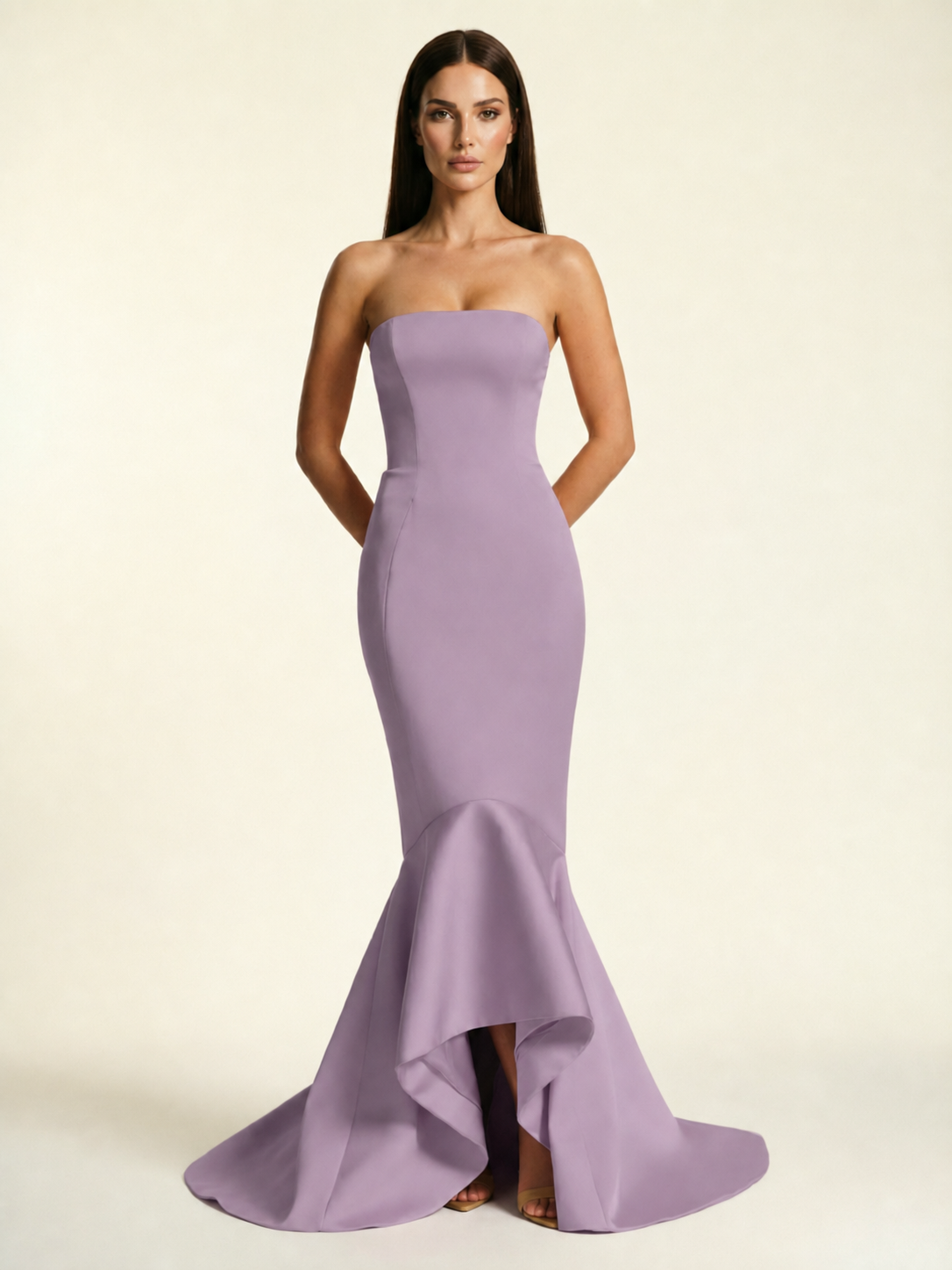 Strapless Satin Mermaid Dress With Ruffled Train & Lace-Up Back