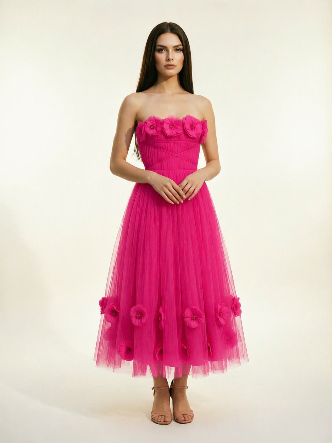 Strapless Tulle Midi Dress with 3D Floral Appliqués, Lace-Up Corset Back