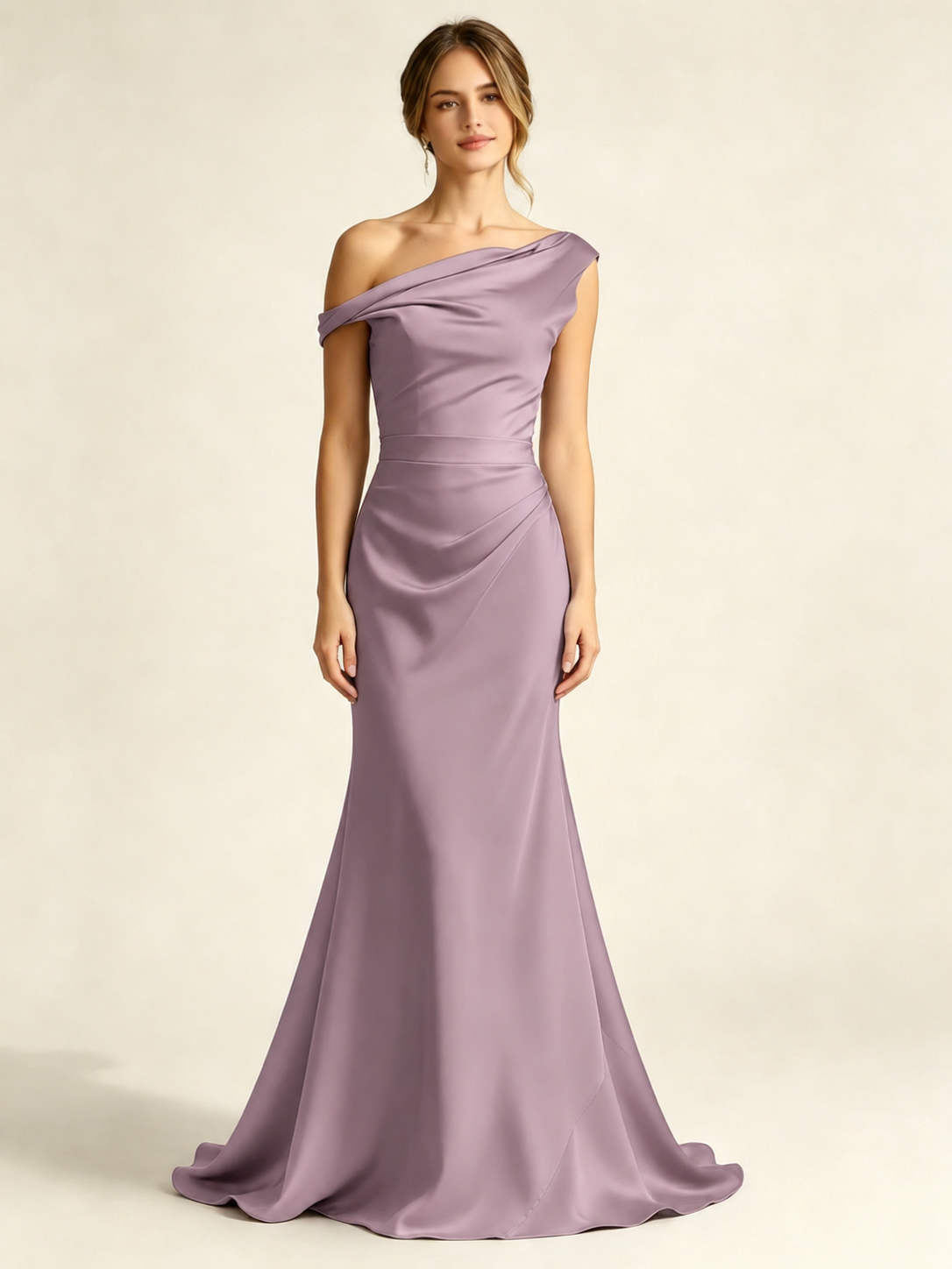 Satin Mermaid Bridesmaid Maxi Dress, Asymmetrical Off Shoulder Ruched Waist Open Back