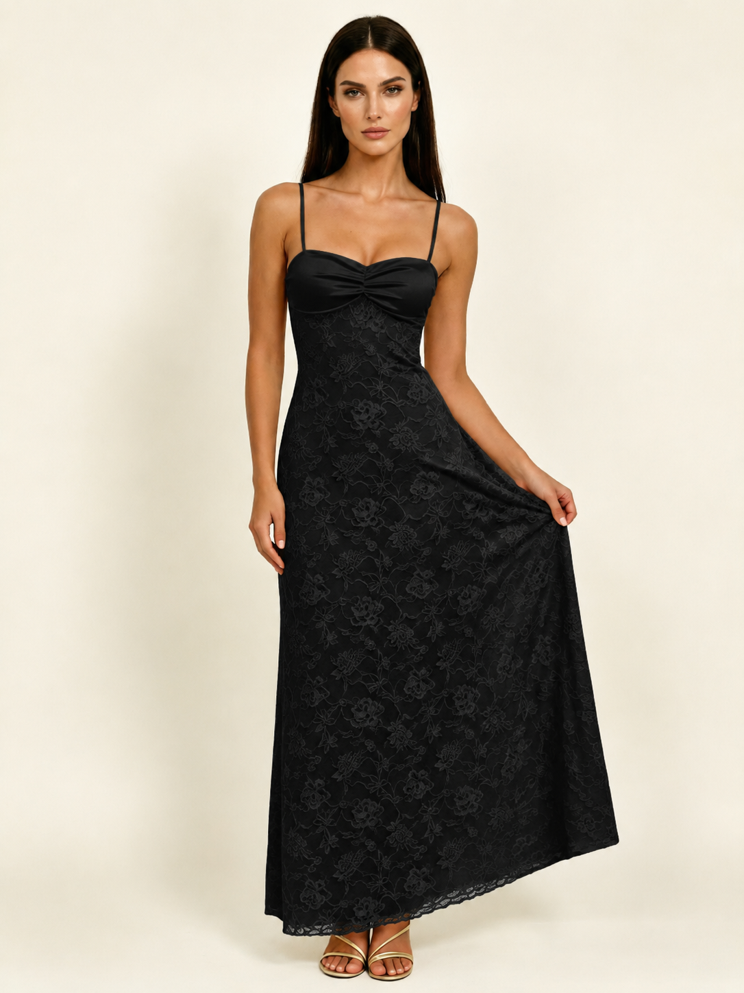 Satin Bust Lace Midi Maxi Dress, Spaghetti Strap Cross Lace Up Back Bridesmaid Dress