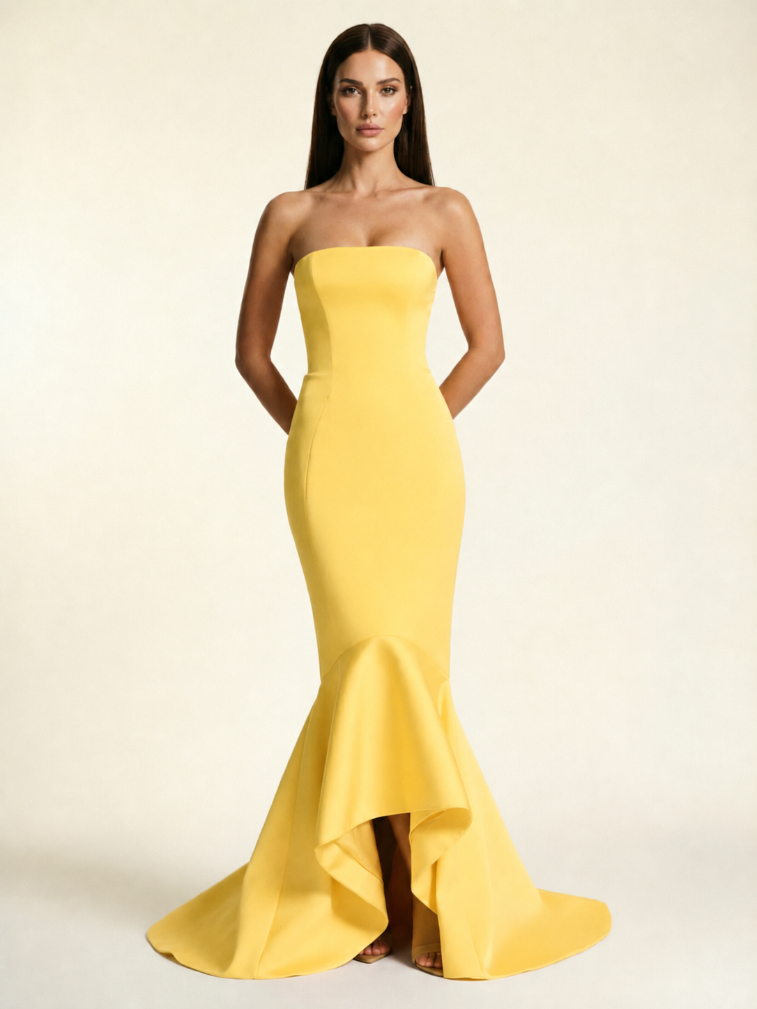 Strapless Satin Mermaid Dress With Ruffled Train & Lace-Up Back