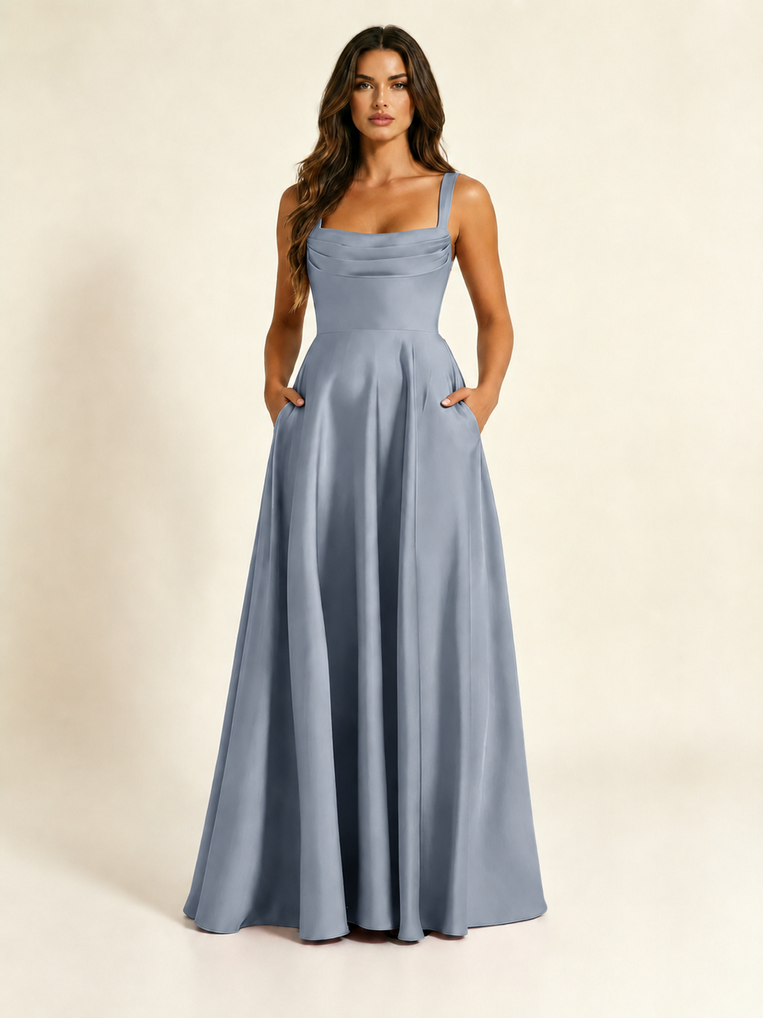 Satin Draped Cowl Square Neck A-Line Maxi Bridesmaid Dress