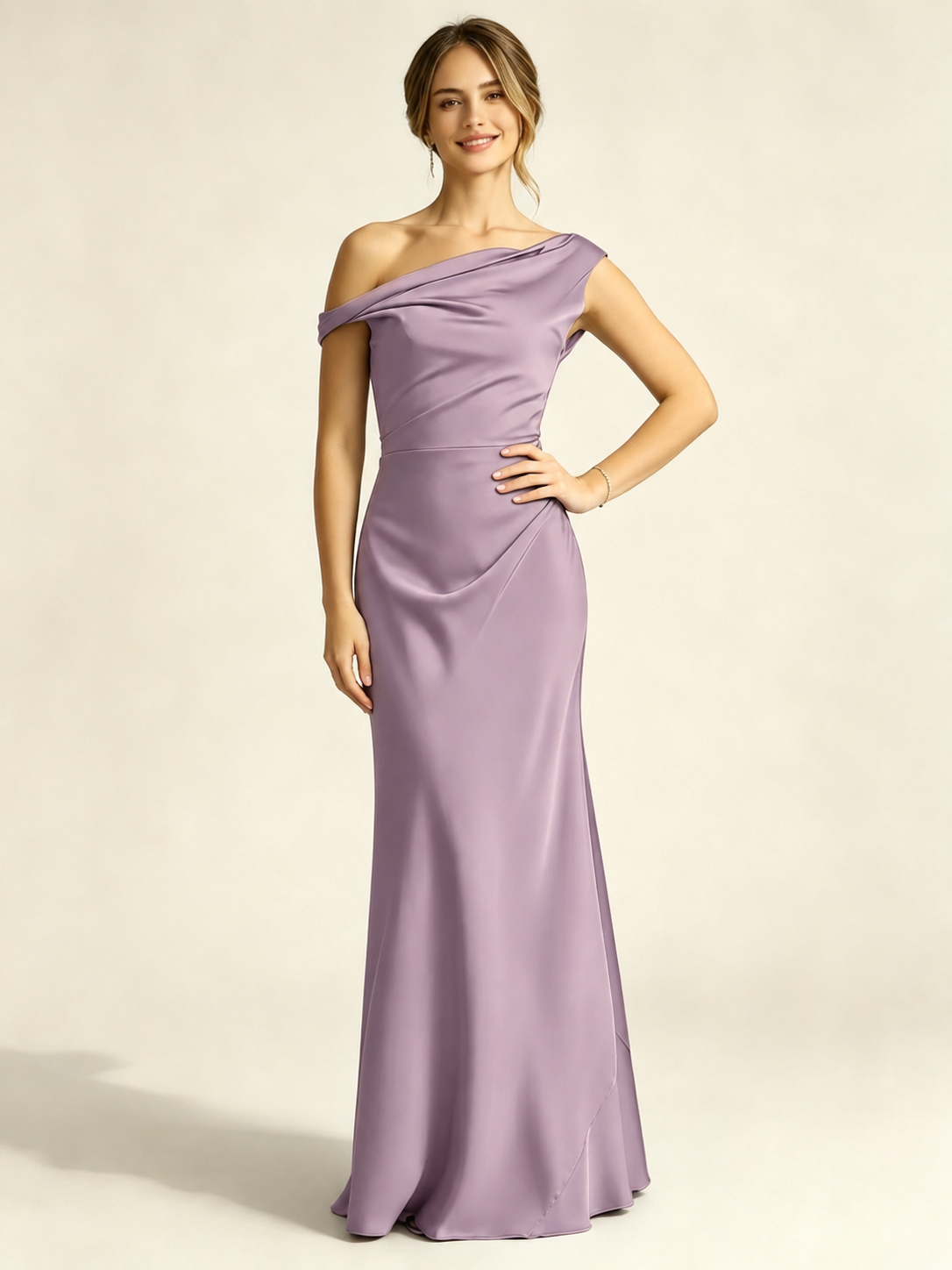 Satin Mermaid Bridesmaid Maxi Dress, Asymmetrical Off Shoulder Ruched Waist Open Back