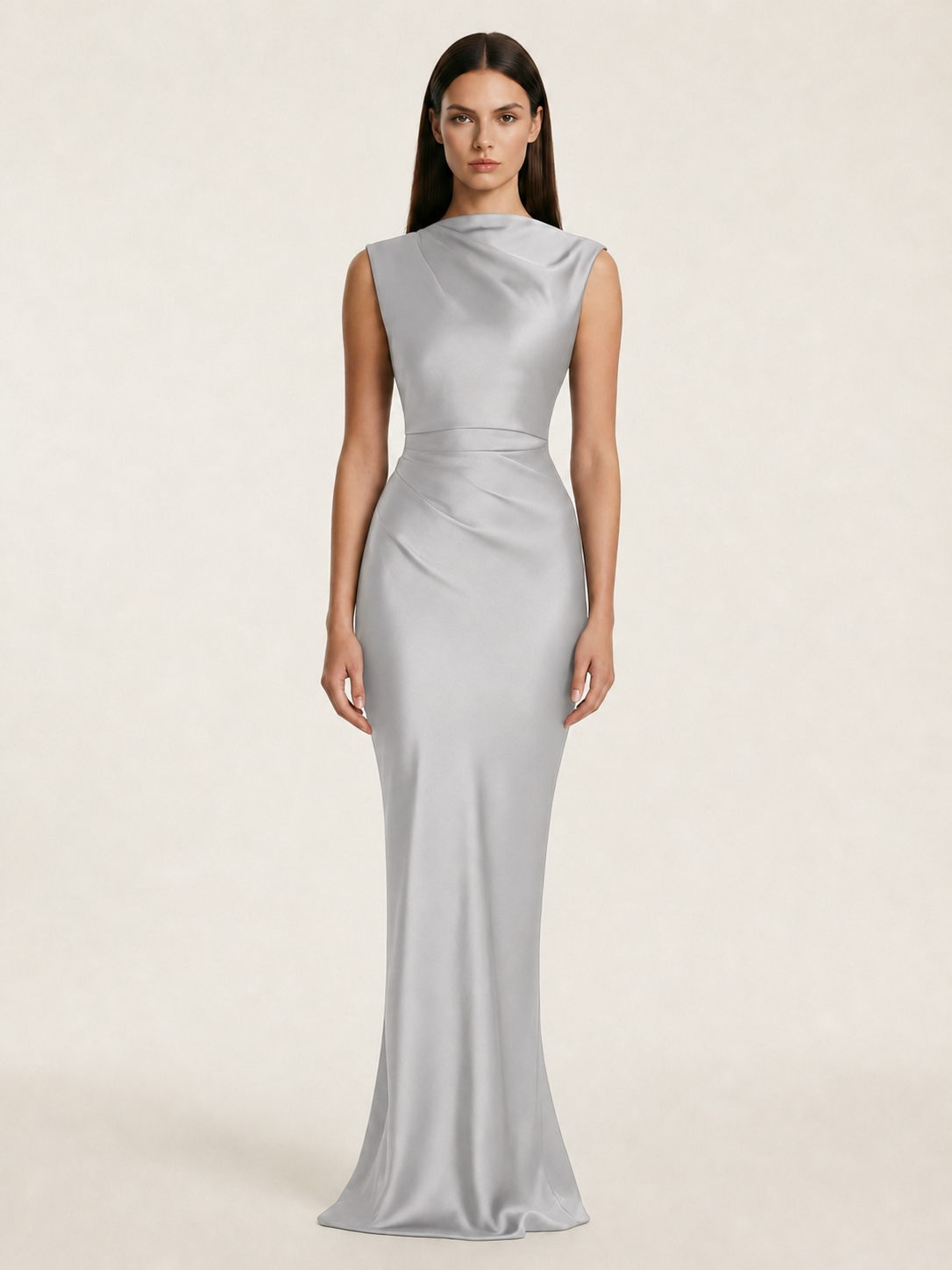 Sleeveless Draped Satin Mermaid Cutout Back Formal Dress