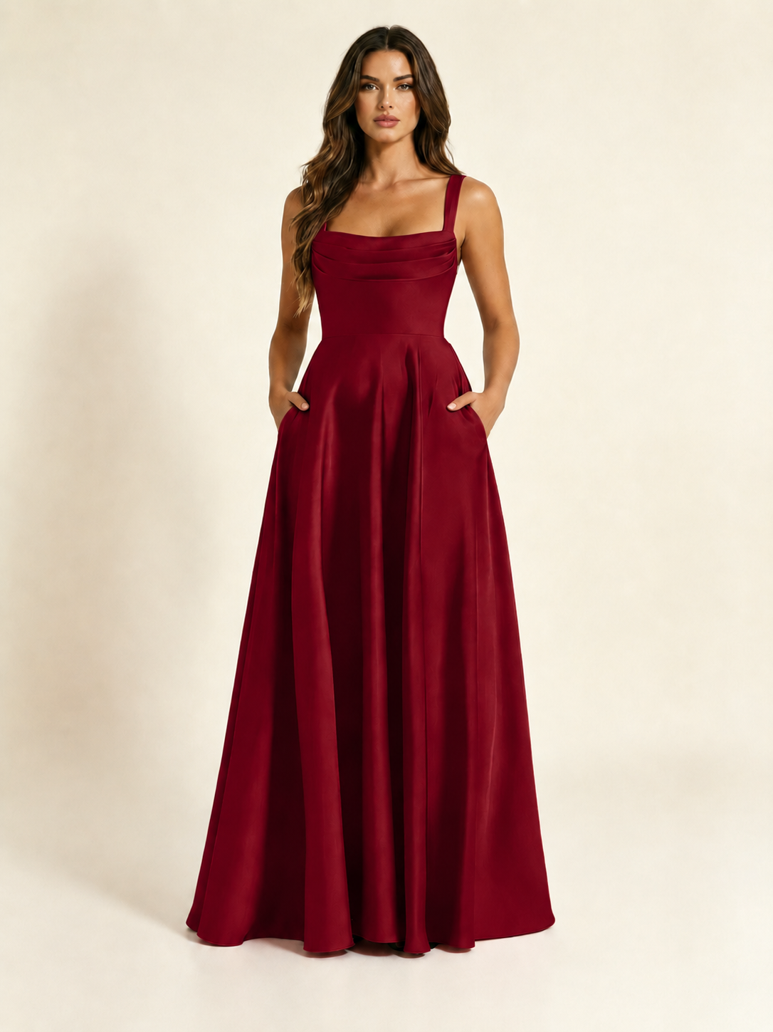 Satin Draped Cowl Square Neck A-Line Maxi Bridesmaid Dress