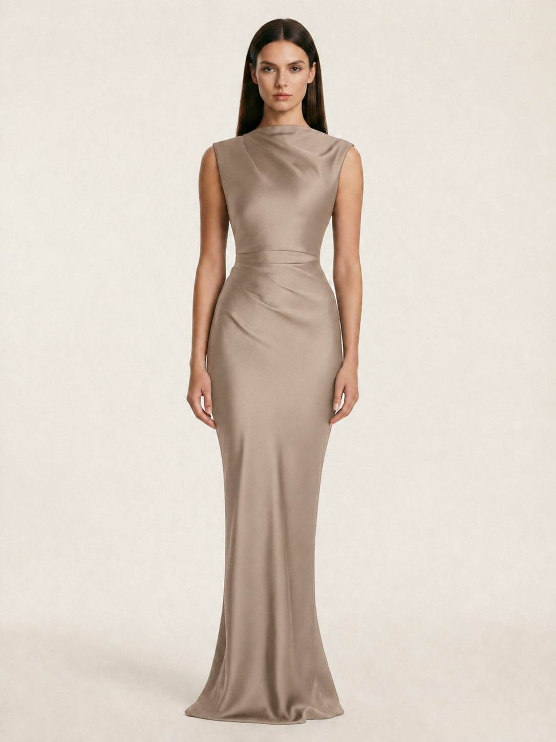 Sleeveless Draped Satin Mermaid Cutout Back Formal Dress