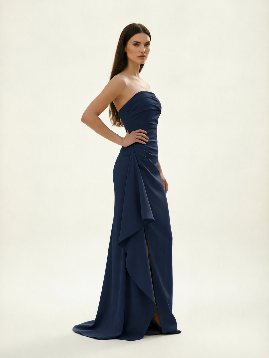 Strapless Mermaid Formal Gown with Side Slit & Draped Detail