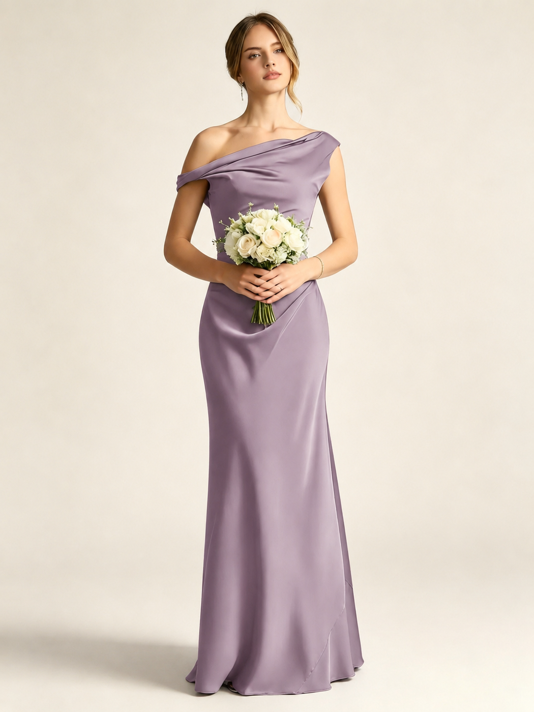 Satin Mermaid Bridesmaid Maxi Dress, Asymmetrical Off Shoulder Ruched Waist Open Back